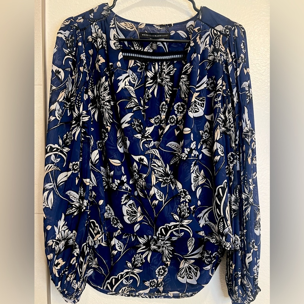 White House Black Market long sleeve blouse. Floral print, dark blue.